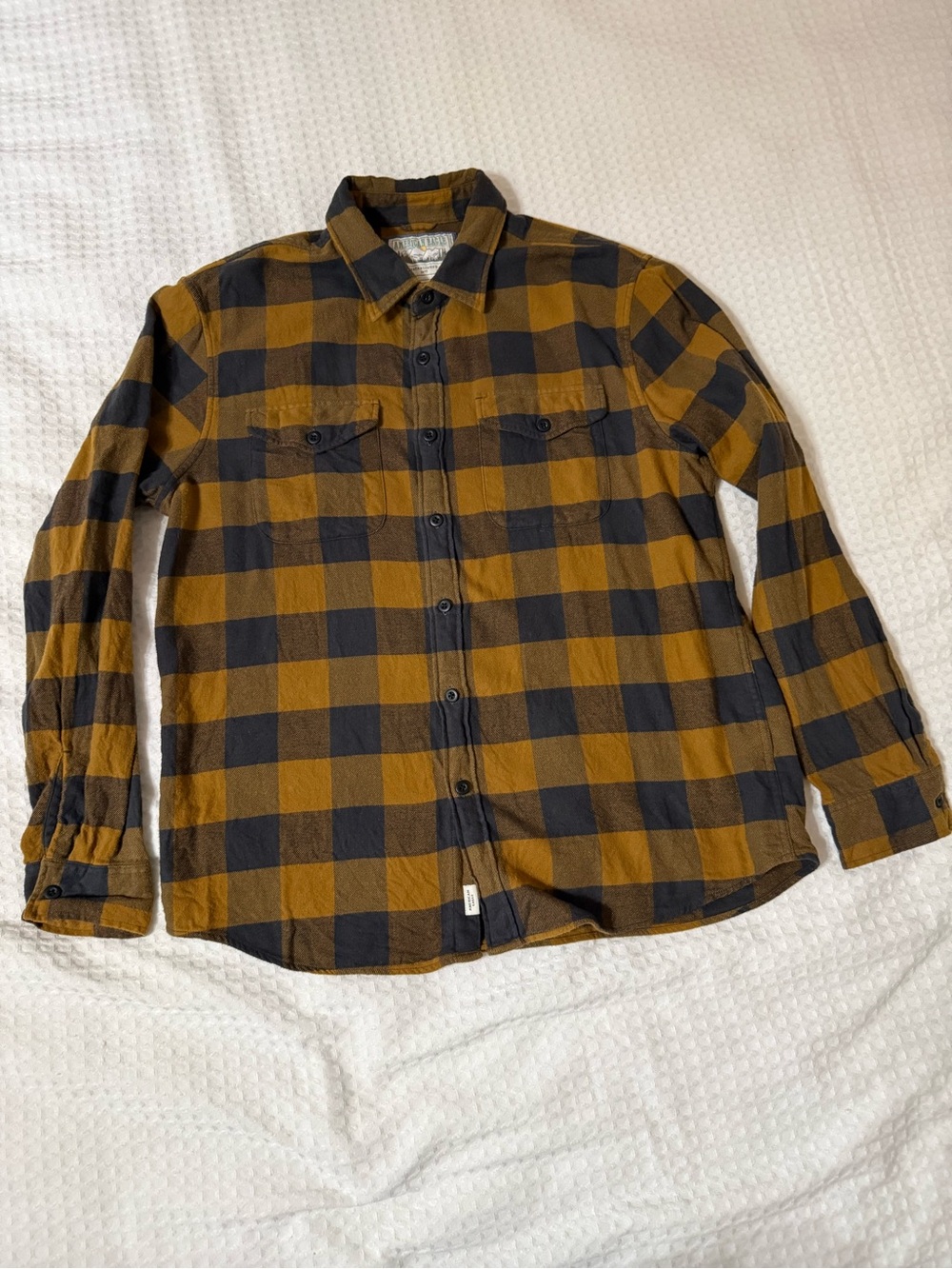 American Eagle Men’s Mustard and Black Buffalo Check Button-Down Flannel